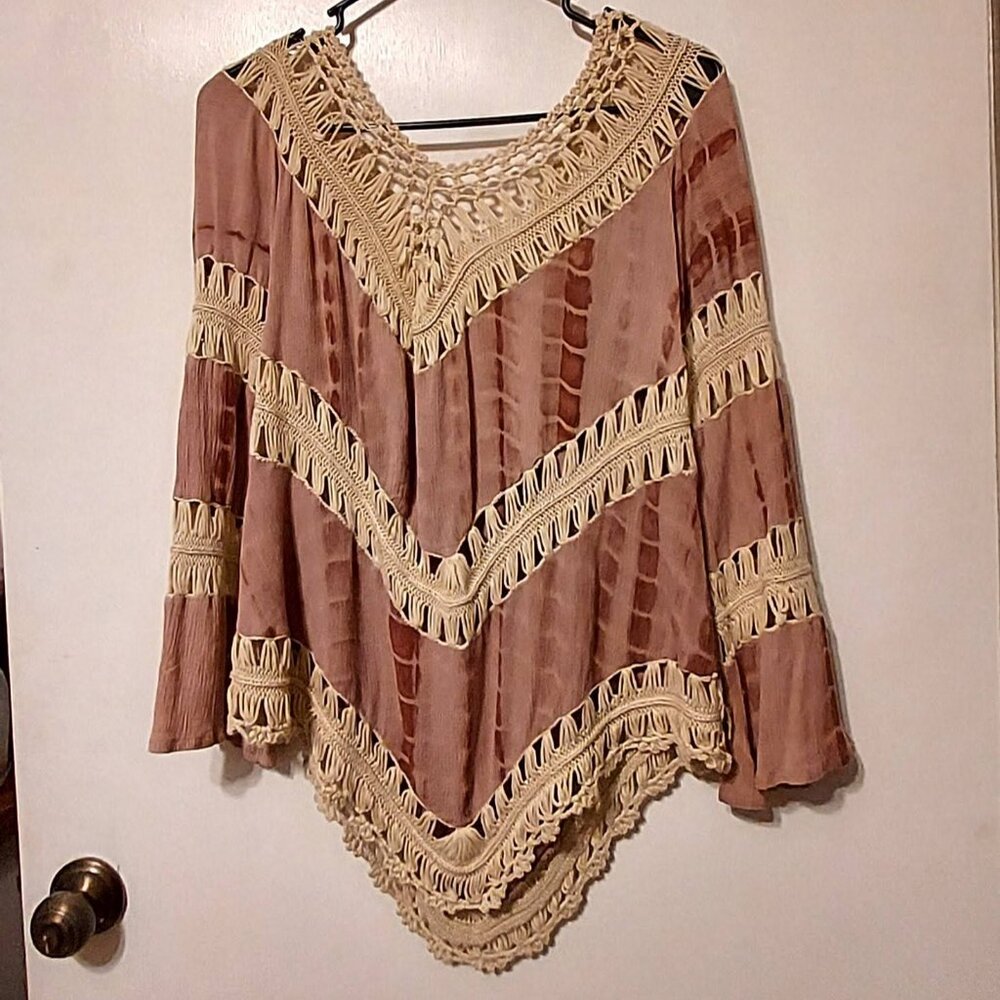 Womans Unmarked Brown & Tan Crochet Relaxed Tunic Blouse  Sz M-L Boho Gypsy
